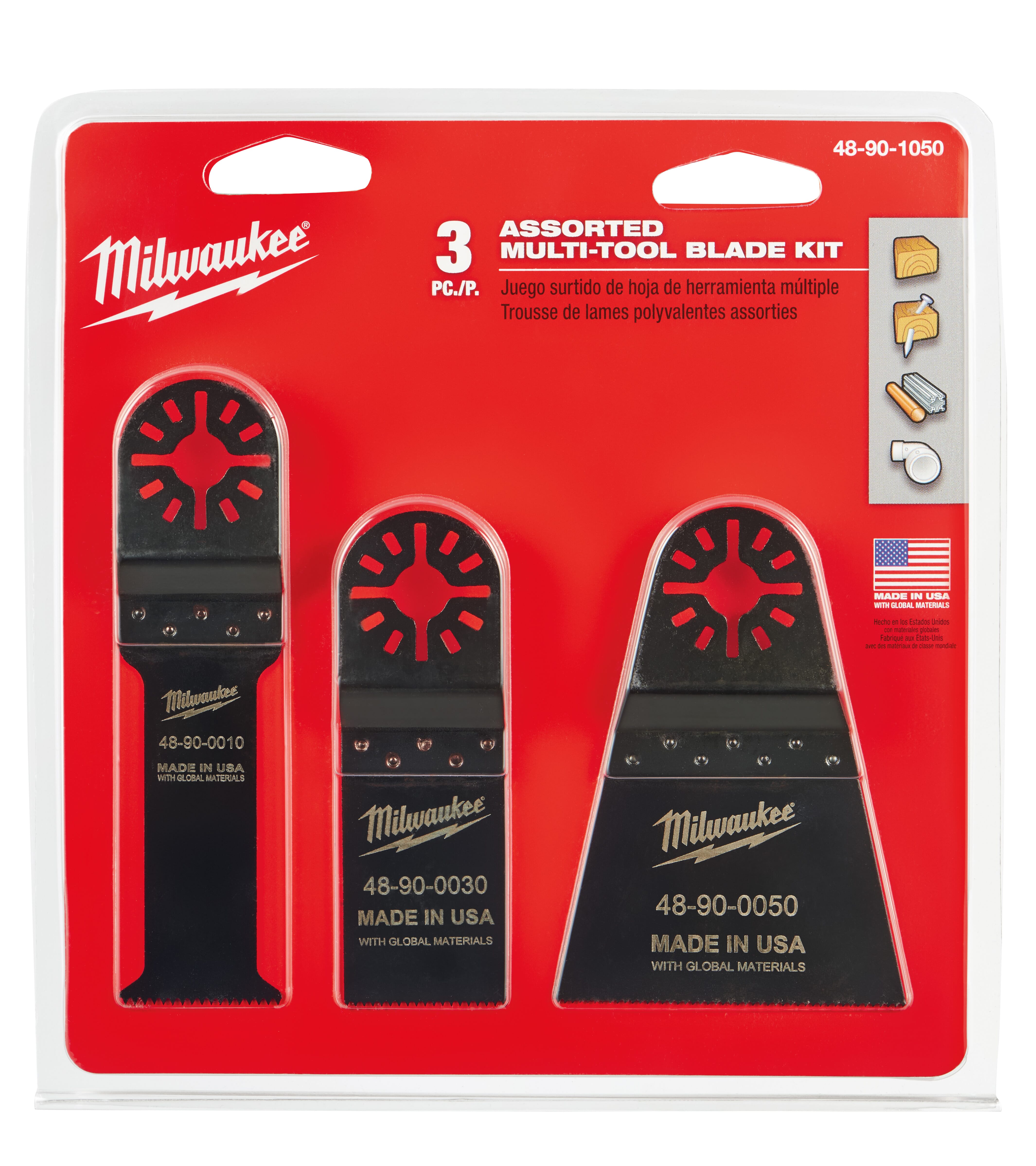 Milwaukee® 48-90-1050 Assorted Multi-Tool Blade Kit, For Use With Professional Grade Multi-Oscillating Tool, 3-Piece, 1-1/4 and 2-1/2 in Size, Bi-Metal/High Carbon Steel
